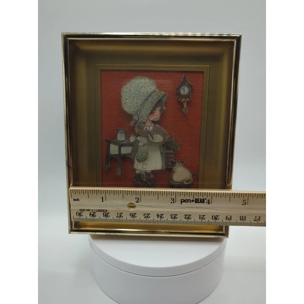 Vintage 70s Holly Hobbie Shadow Box 3D Layered Paper Art Gold Frame Glass 5.75in